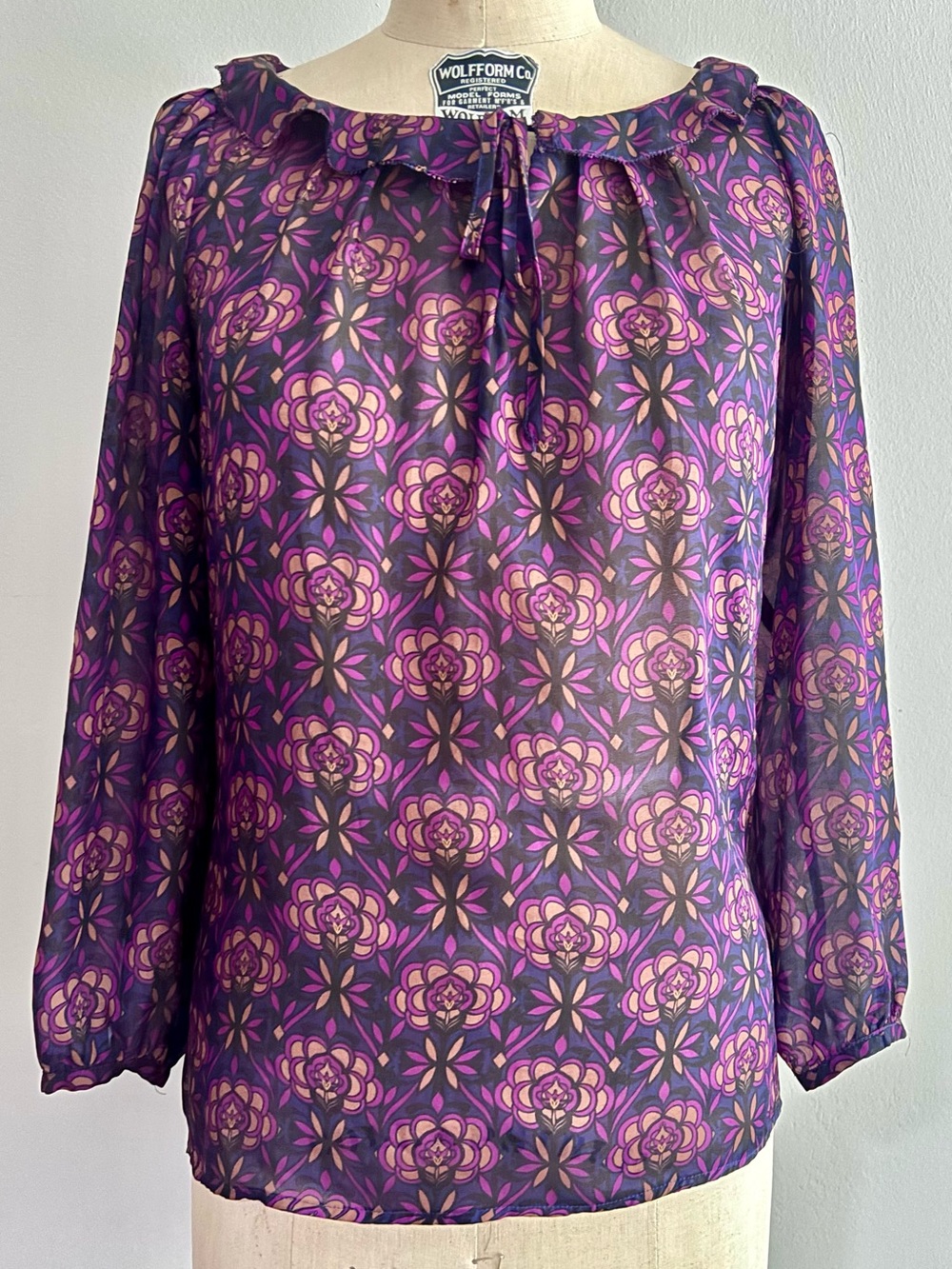 LOFT Purple Pink Floral Tie-Neck Peasant Blouse